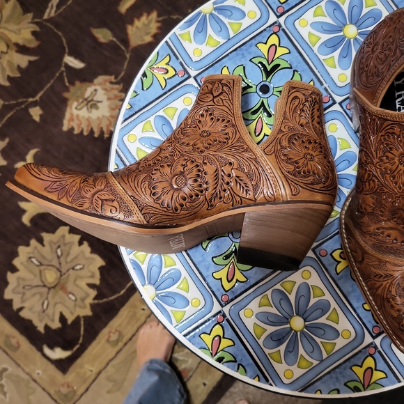 Myra Bag Brown Tooled Floral Leather Ankle Boots - Picture 2 of 10